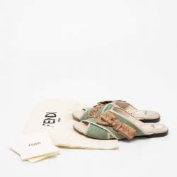Pre Owned Fendi Mint Green Knit Fabric Bow Cross Strap Flat Slides Size 36