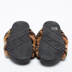 Pre Owned Fendi Two-Tone Zucca Print Shearling Fur Criss Cross Flat Slides Size 39
