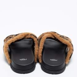 Pre Owned Fendi Two-Tone Zucca Print Shearling Fur Criss Cross Flat Slides Size 39