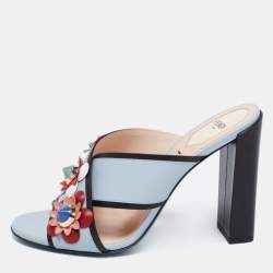 Fendi Light Blue Leather Flowerland Slide Sandals Size 38.5
