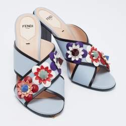 Fendi Light Blue Leather Flowerland Slide Sandals Size 38.5