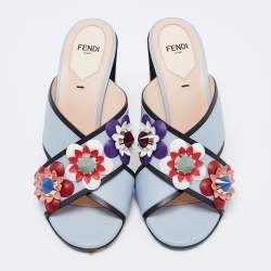 Fendi Light Blue Leather Flowerland Slide Sandals Size 38.5