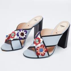 Fendi Light Blue Leather Flowerland Slide Sandals Size 38.5