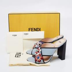 Fendi Light Blue Leather Flowerland Slide Sandals Size 38.5