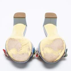Fendi Blue Patent Leather Flowerland Block Heel Slides Size 39