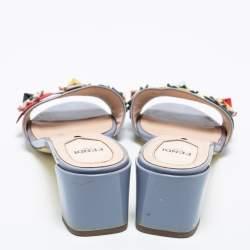 Fendi Blue Patent Leather Flowerland Block Heel Slides Size 39