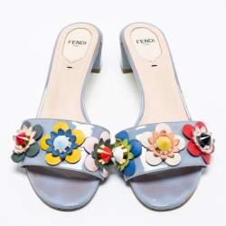 Fendi Blue Patent Leather Flowerland Block Heel Slides Size 39