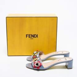 Fendi Blue Patent Leather Flowerland Block Heel Slides Size 39