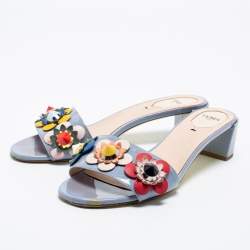 Fendi Blue Patent Leather Flowerland Block Heel Slides Size 39