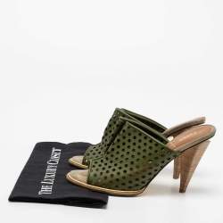 Pre Owned Fendi Green Perforated Leather Mules Size 38.5