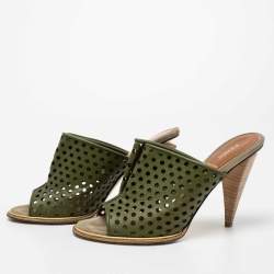 Pre Owned Fendi Green Perforated Leather Mules Size 38.5