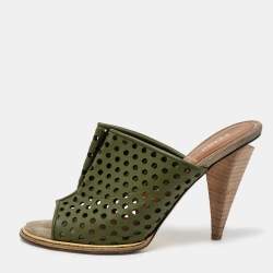 Pre Owned Fendi Green Perforated Leather Mules Size 38.5