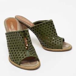 Pre Owned Fendi Green Perforated Leather Mules Size 38.5