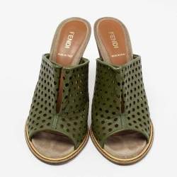 Pre Owned Fendi Green Perforated Leather Mules Size 38.5