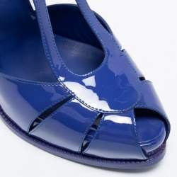 Pre Owned صندل فندي جلد لامع أزرق سير حرف تي مقدمة مفتوحة سير كاحل مقاس 40