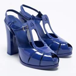 Pre Owned صندل فندي جلد لامع أزرق سير حرف تي مقدمة مفتوحة سير كاحل مقاس 40
