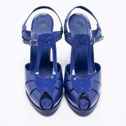Pre Owned صندل فندي جلد لامع أزرق سير حرف تي مقدمة مفتوحة سير كاحل مقاس 40