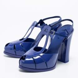 Pre Owned صندل فندي جلد لامع أزرق سير حرف تي مقدمة مفتوحة سير كاحل مقاس 40