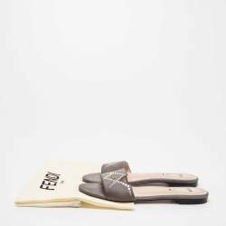 Pre Owned Fendi Grey Crystal Embellished Satin Flat Slides Size 38