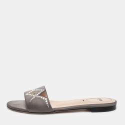 Pre Owned Fendi Grey Crystal Embellished Satin Flat Slides Size 38