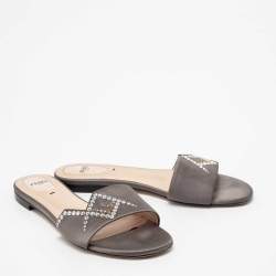 Pre Owned Fendi Grey Crystal Embellished Satin Flat Slides Size 38