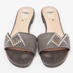 Pre Owned Fendi Grey Crystal Embellished Satin Flat Slides Size 38