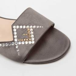 Pre Owned Fendi Grey Crystal Embellished Satin Flat Slides Size 38