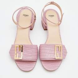 مملوكة مسبقًا Fendi Pink Croc Embossed Leather Promenade Ankle Strap Sandals Size 39