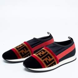 Fendi Tri-Color Stretch Nylon, Mesh and Zucca Print Velvet Runaway Slip-On Sneakers Size 38