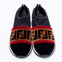 Fendi Tri-Color Stretch Nylon, Mesh and Zucca Print Velvet Runaway Slip-On Sneakers Size 38