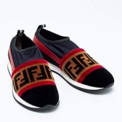 Fendi Tri-Color Stretch Nylon, Mesh and Zucca Print Velvet Runaway Slip-On Sneakers Size 38