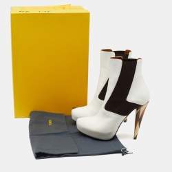 Pre Owned Fendi White/Brown Leather And Stretch Fabric Platform Ankle Boots Size 37.5