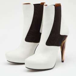 Pre Owned Fendi White/Brown Leather And Stretch Fabric Platform Ankle Boots Size 37.5