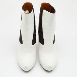 Pre Owned Fendi White/Brown Leather And Stretch Fabric Platform Ankle Boots Size 37.5