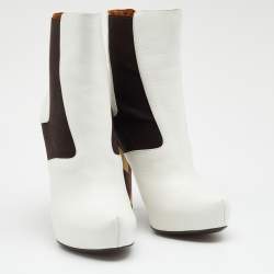 Pre Owned Fendi White/Brown Leather And Stretch Fabric Platform Ankle Boots Size 37.5