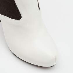 Pre Owned Fendi White/Brown Leather And Stretch Fabric Platform Ankle Boots Size 37.5