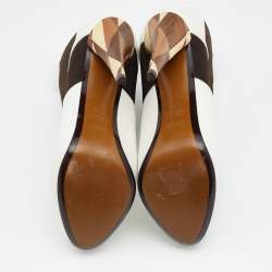 Pre Owned Fendi White/Brown Leather And Stretch Fabric Platform Ankle Boots Size 37.5