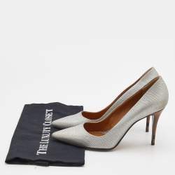 Pre Owned Fendi Metallic Silver Lizard Embossed Leather Pointed Toe Pumps Size 38