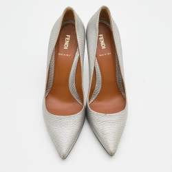 Pre Owned Fendi Metallic Silver Lizard Embossed Leather Pointed Toe Pumps Size 38