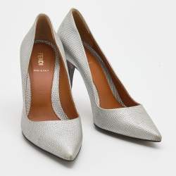 Pre Owned Fendi Metallic Silver Lizard Embossed Leather Pointed Toe Pumps Size 38