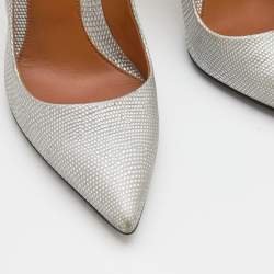Pre Owned Fendi Metallic Silver Lizard Embossed Leather Pointed Toe Pumps Size 38