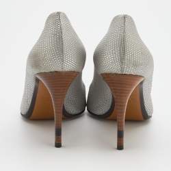 Pre Owned Fendi Metallic Silver Lizard Embossed Leather Pointed Toe Pumps Size 38