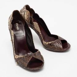 Pre Owned Fendi Brown/Beige Python Peep Toe Pumps Size 37.5