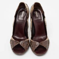 Pre Owned Fendi Brown/Beige Python Peep Toe Pumps Size 37.5