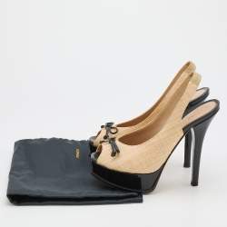 Pre Owned Fendi Beige Raffia Fendista Bow Peep Toe Slingback Platform Pumps Size 39