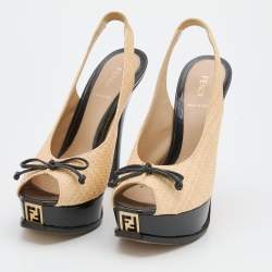 Pre Owned Fendi Beige Raffia Fendista Bow Peep Toe Slingback Platform Pumps Size 39