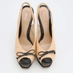 Pre Owned Fendi Beige Raffia Fendista Bow Peep Toe Slingback Platform Pumps Size 39