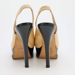 Pre Owned Fendi Beige Raffia Fendista Bow Peep Toe Slingback Platform Pumps Size 39