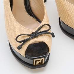 Pre Owned Fendi Beige Raffia Fendista Bow Peep Toe Slingback Platform Pumps Size 39