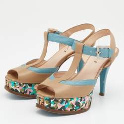 Fendi Beige/Blue Lizard Embossed And Leather Fendista T Strap Platform Sandals Size 37
